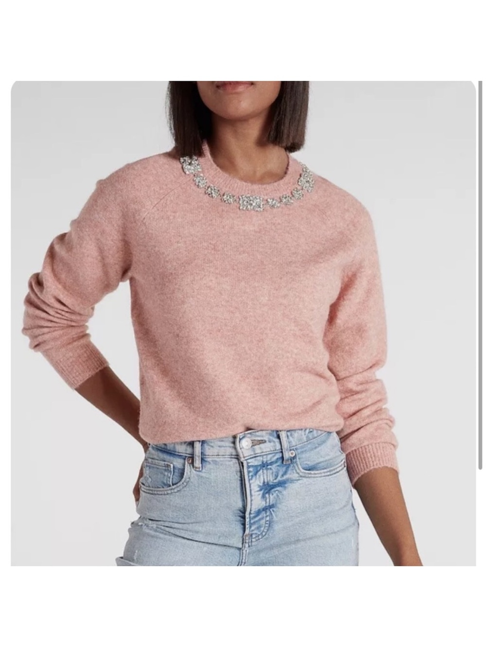 NWT Express Embellished Neckline Cozy Crewneck Sweater M Dusty Pink